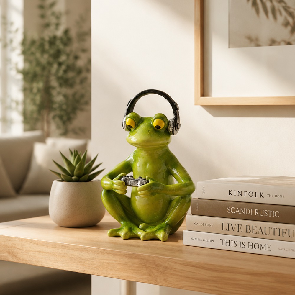 Desk Setup Headphones - Statue de grenouille amusante avec casque,